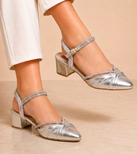 Walkzy Metallic Knot Crystal Strap Heel — Where Classic Meets Dazzling!
