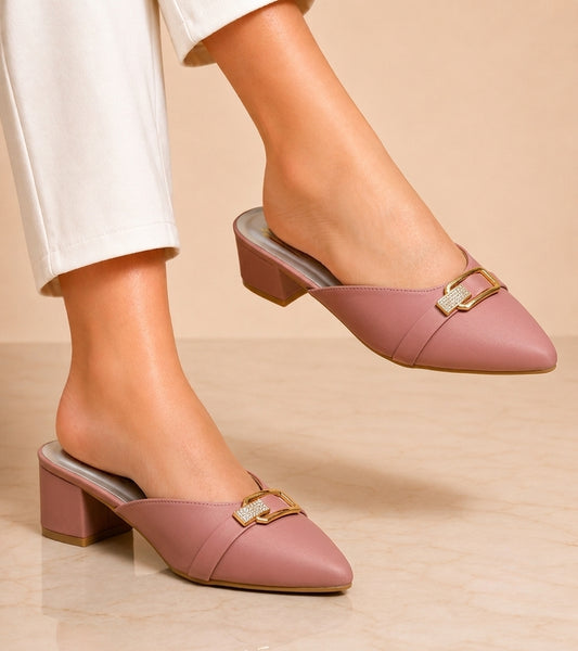 "Walkzy Satin Closed Toe Mule with Gold Crystal Buckle — Subtle Luxury, Maximum Impact