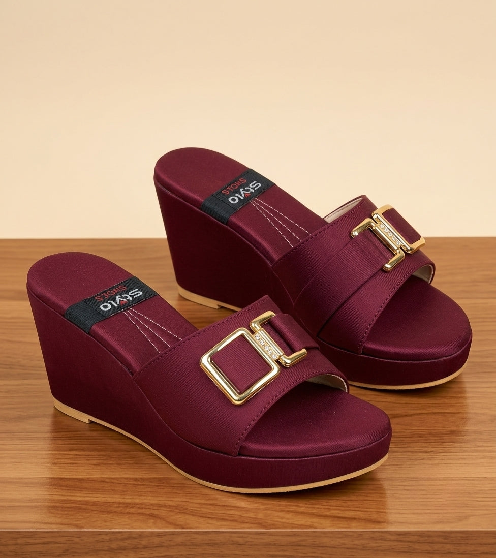 Walkzy Maroon Satin Double Strap Platform Slides with Gold Buckle