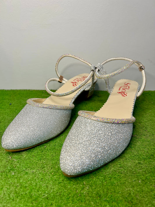 Walkzy Silver Glitter Closed Toe Block Heel Sandal with Crystal Ankle Strap — Party Perfect