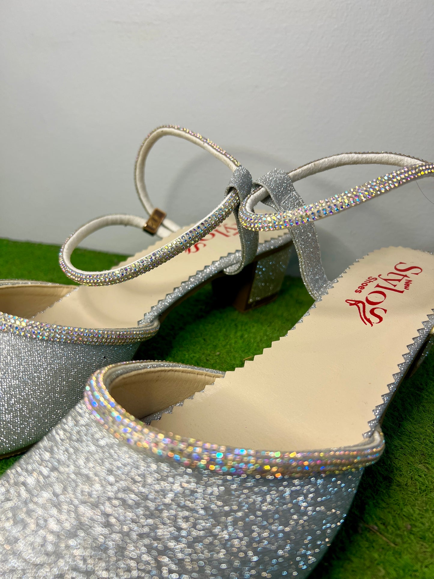 Walkzy Silver Glitter Closed Toe Block Heel Sandal with Crystal Ankle Strap — Party Perfect