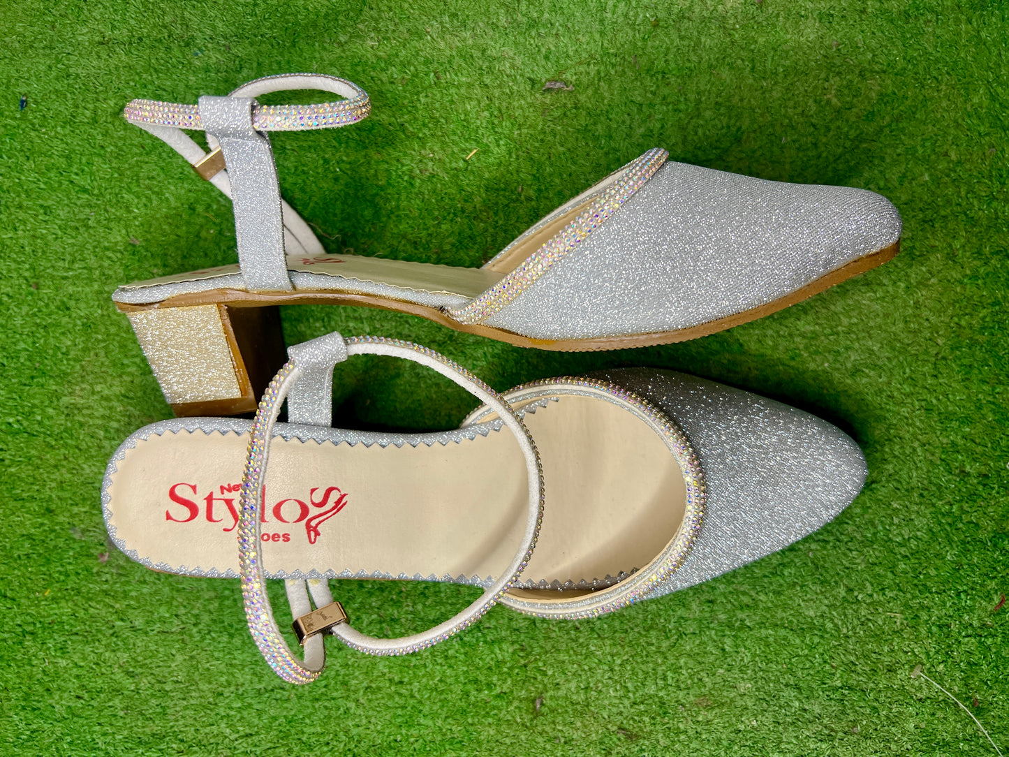 Walkzy Silver Glitter Closed Toe Block Heel Sandal with Crystal Ankle Strap — Party Perfect