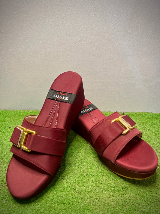 Walkzy Maroon Satin Double Strap Platform Slides with Gold Buckle