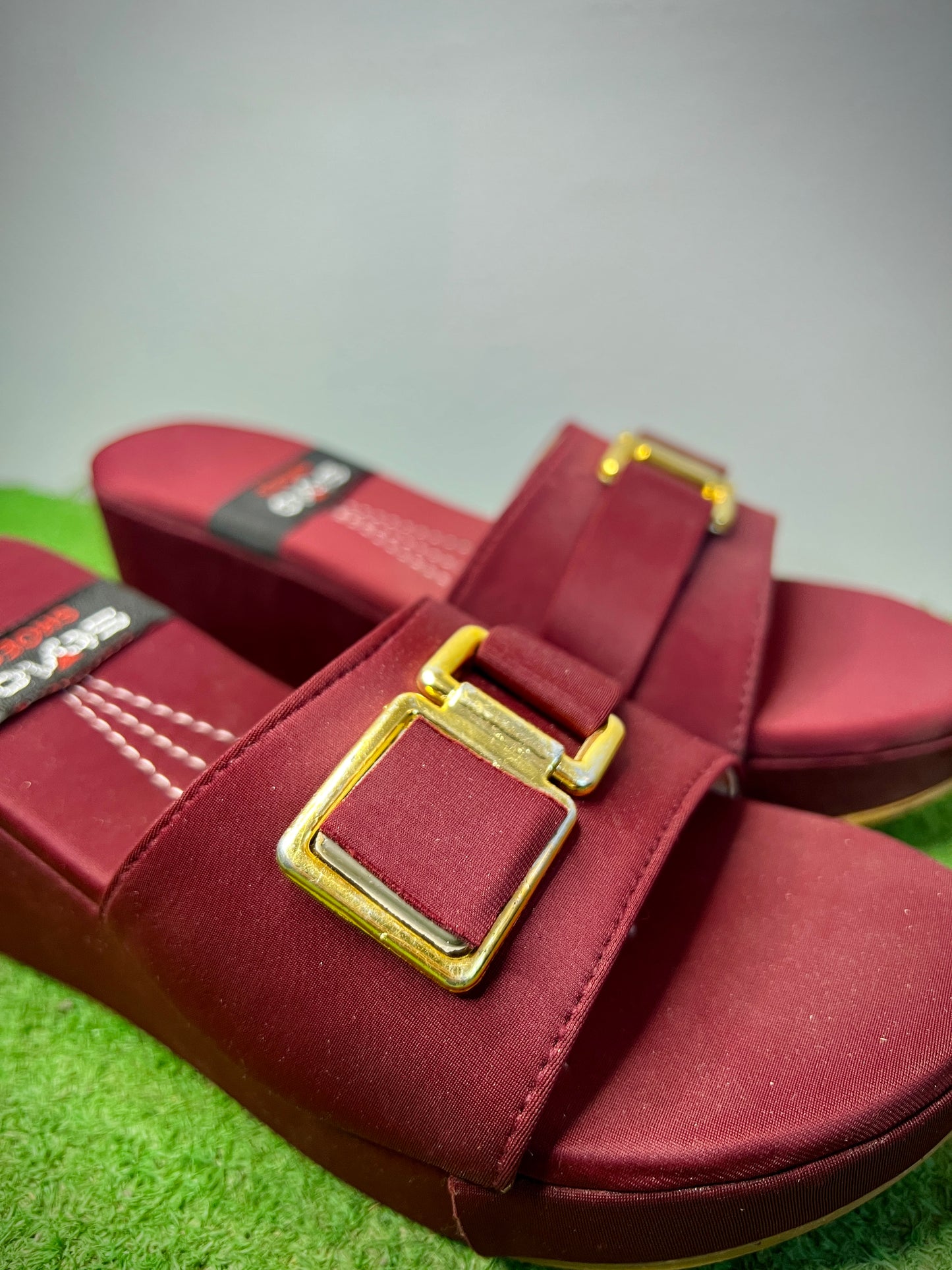 Walkzy Maroon Satin Double Strap Platform Slides with Gold Buckle