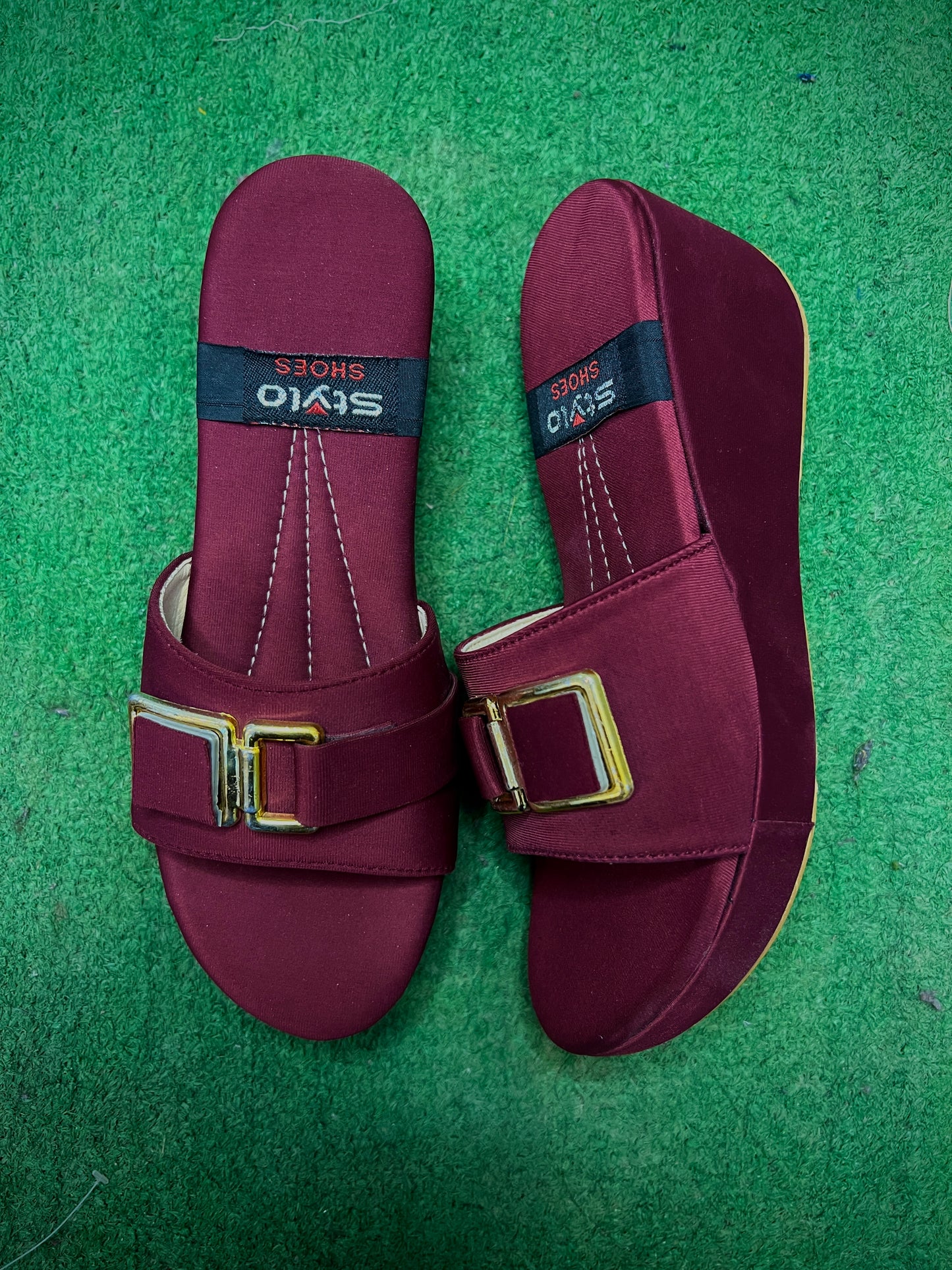 Walkzy Maroon Satin Double Strap Platform Slides with Gold Buckle