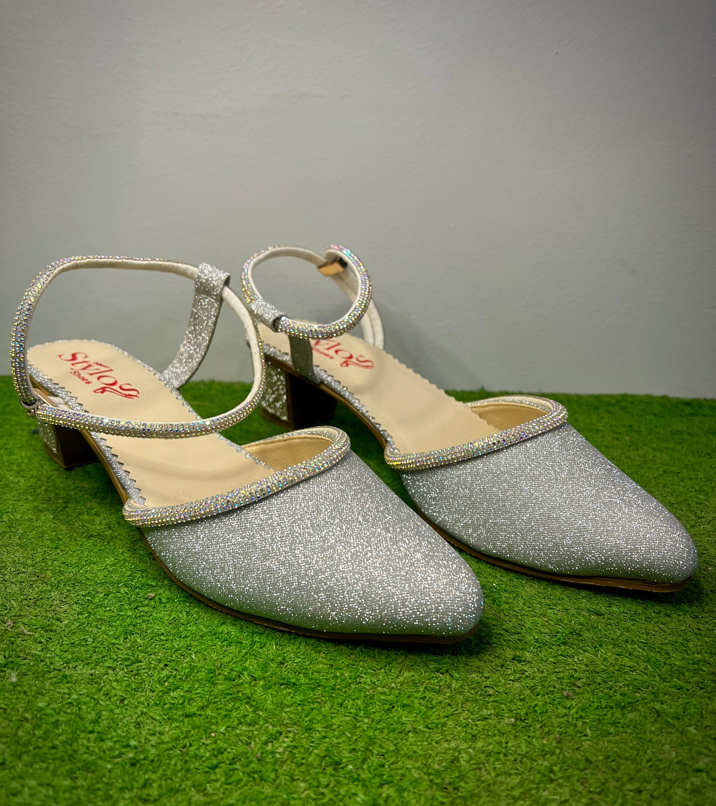 "Walkzy Glitter Closed Toe Kitten Heel with Double Crystal Ankle Strap