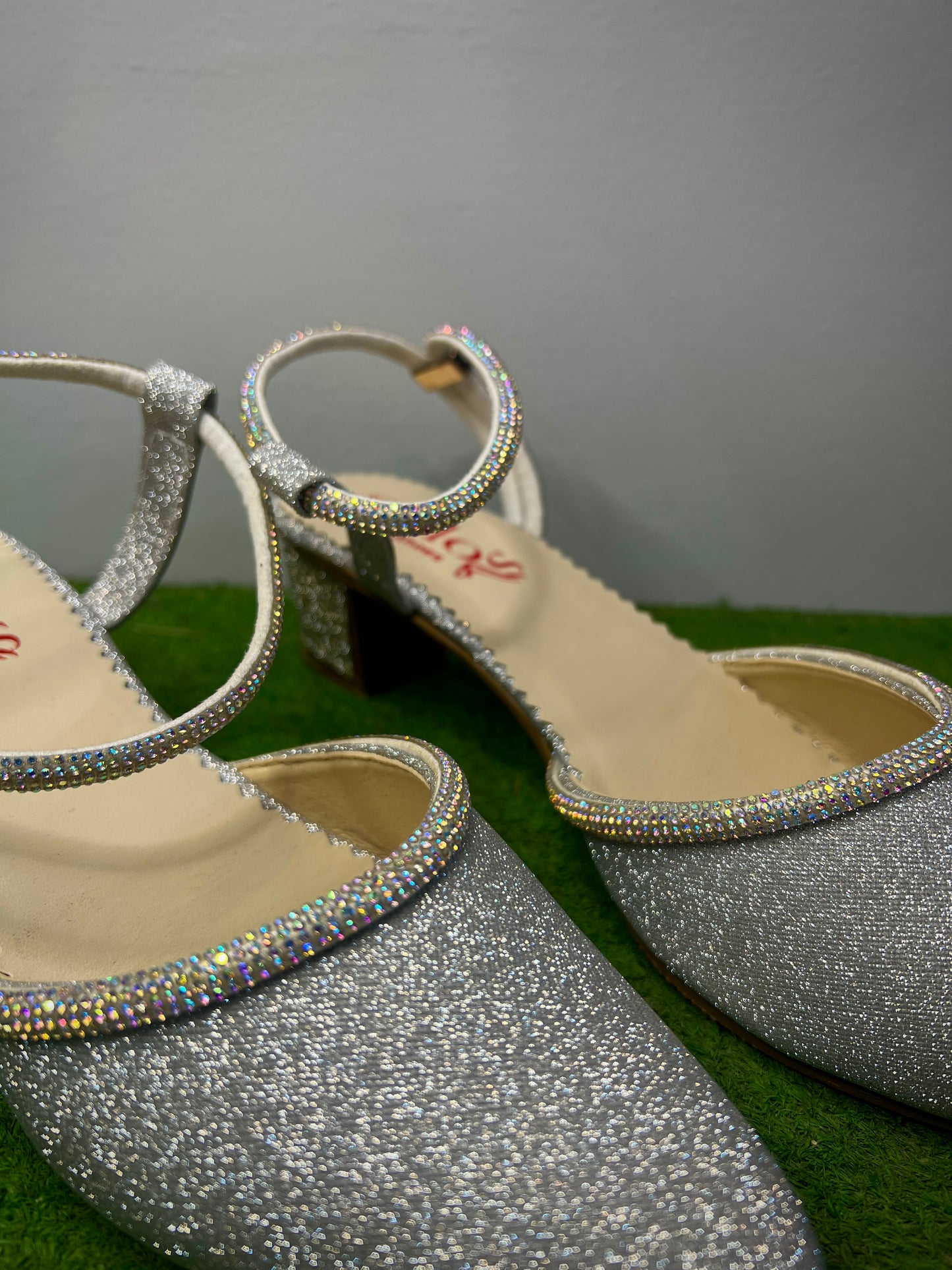 "Walkzy Glitter Closed Toe Kitten Heel with Double Crystal Ankle Strap