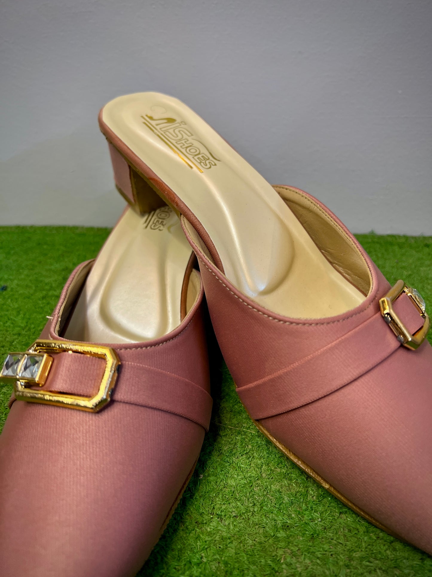 "Walkzy Satin Closed Toe Mule with Gold Crystal Buckle — Subtle Luxury, Maximum Impact