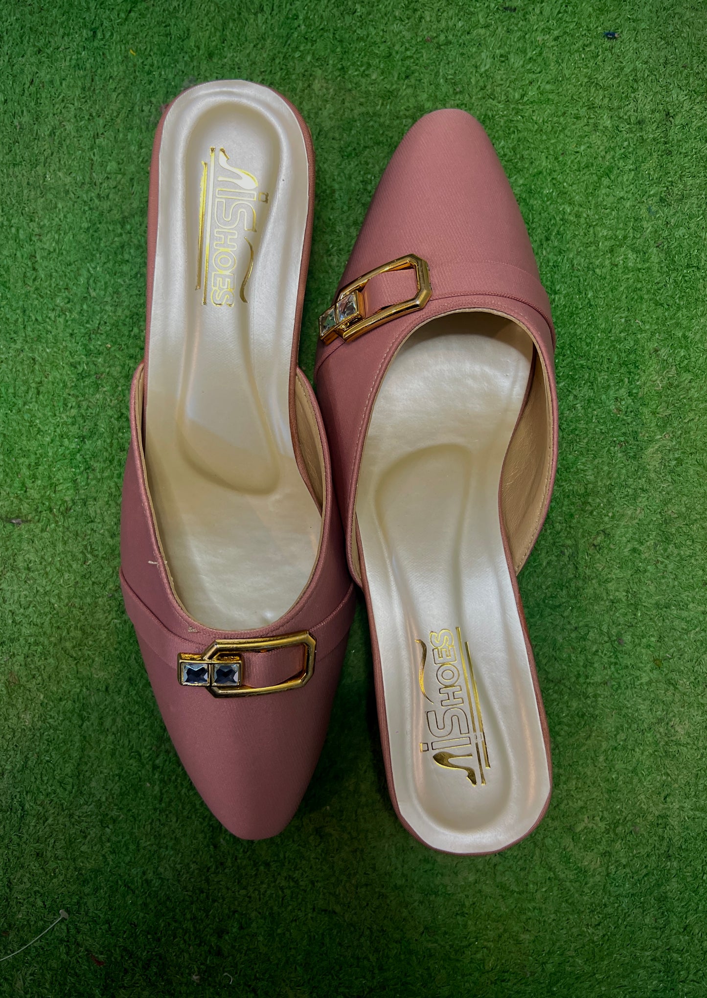 "Walkzy Satin Closed Toe Mule with Gold Crystal Buckle — Subtle Luxury, Maximum Impact