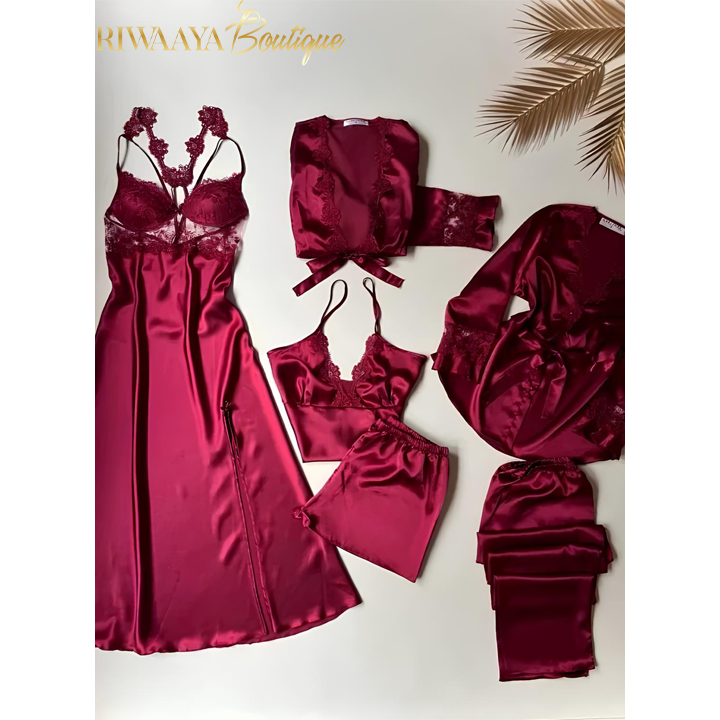 6 PCS LONG SILK NIGHTY SET FOR WOMEN