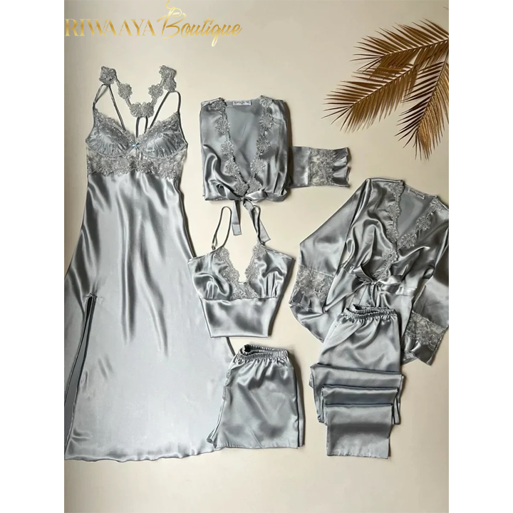 6 PCS LONG SILK NIGHTY SET FOR WOMEN