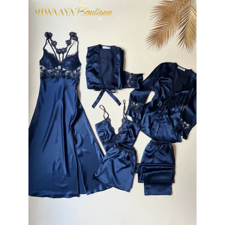 6 PCS LONG SILK NIGHTY SET FOR WOMEN