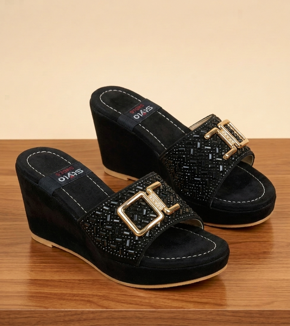 "Walkzy Embellished Wedge Mules with Gold Double Buckle — Luxury Underfoot, Power in Every Step