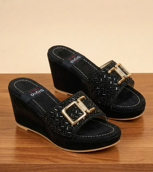"Walkzy Embellished Wedge Mules with Gold Double Buckle — Luxury Underfoot, Power in Every Step